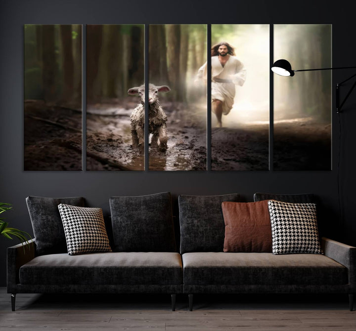 Discover the "Jesus Canvas Wall Art: Jesus Running After Lost Lamb," an exquisite triptych canvas piece that beautifully depicts Jesus in pursuit of a lost lamb within a forest setting. This artwork features a gallery-quality finish and is handmade in the USA, adding both charm and craftsmanship to your space. Perfect for Christian home decor enthusiasts.