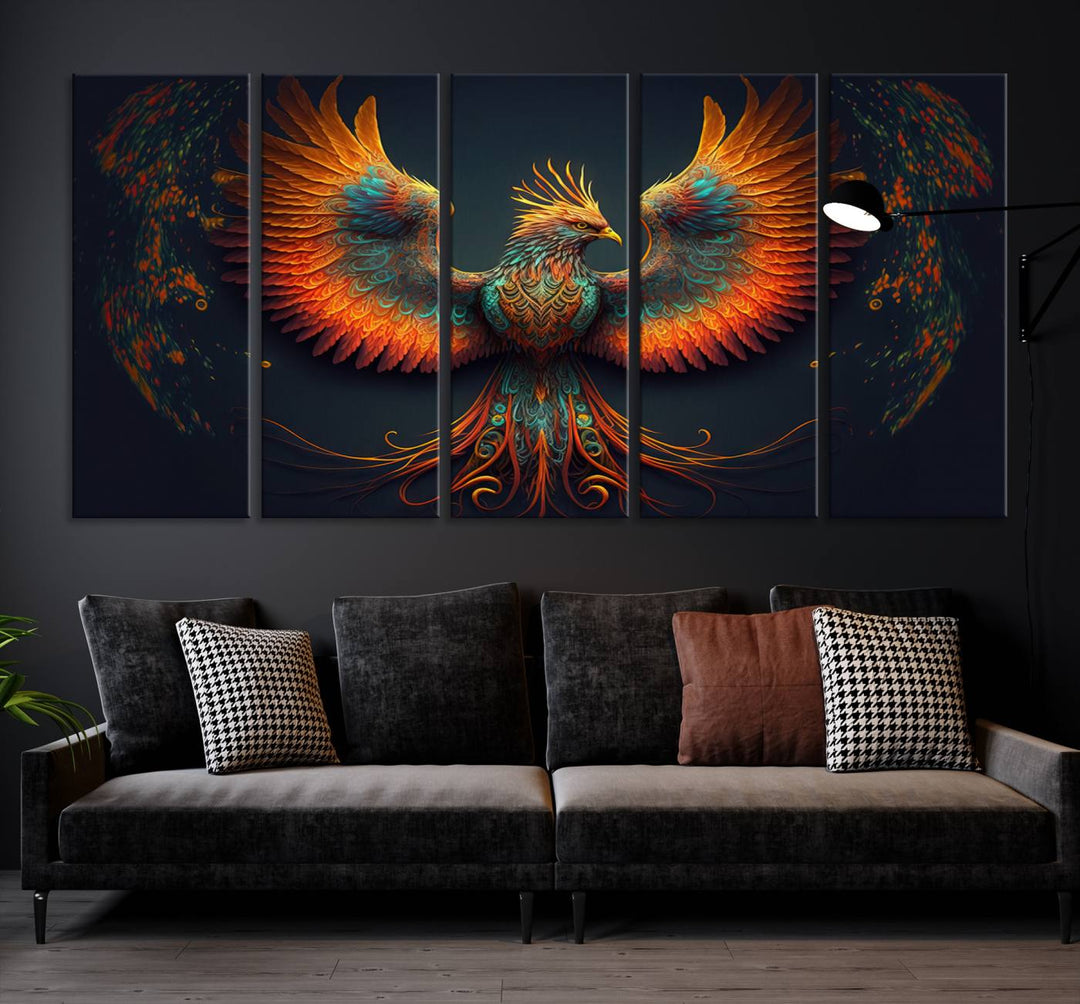 The Majestic Phoenix Wall Art Canvas Set, a fiery symbol of rebirth and strength, graces the wall.