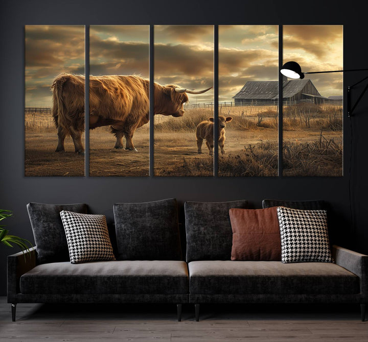 The living room features the "Highland Cow Canvas Wall Art Animal Print Pictures Fluffy Cattle Art," which captures a cow and calf in a rural sunset scene, adding gallery-quality charm.