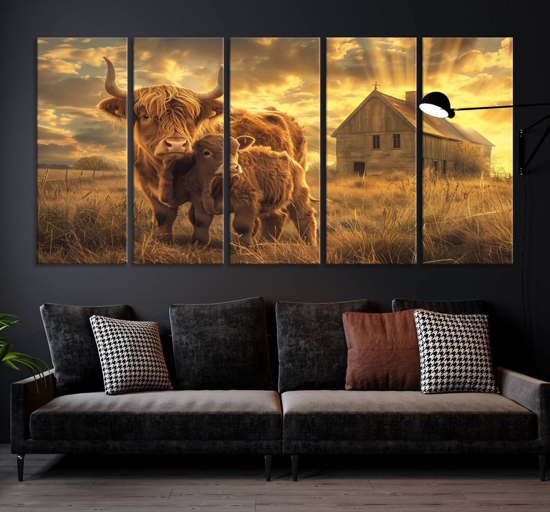 The room features the Barn and Highland Cow Canvas Wall Art Animal Print, a three-panel canvas depicting cows in a sunset field with a rustic barn backdrop. This handmade piece brings charm and character with its gallery-quality finish.