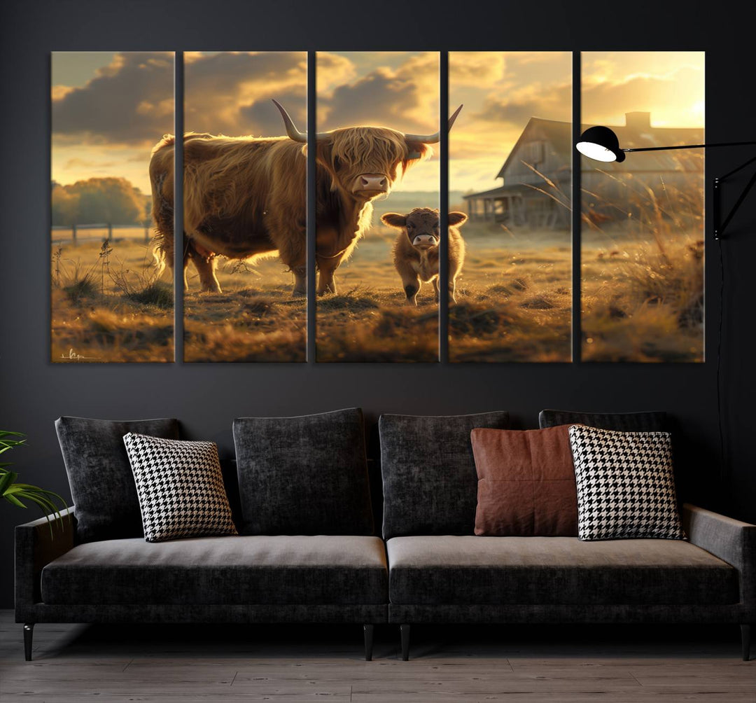 The "Highland Baby Cow Canvas Wall Art Animal Print" triptych art piece showcases a cow and calf in a sunlit field with a barn in the background.