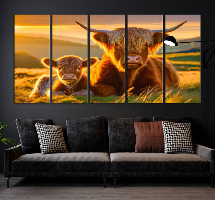 The living room showcases a gallery-quality finish with the Scottish Cow and Baby Cow Canvas Wall Art, featuring a charming animal print of fluffy cattle as the centerpiece. This stunning piece is displayed on premium canvas, creating an inviting atmosphere.