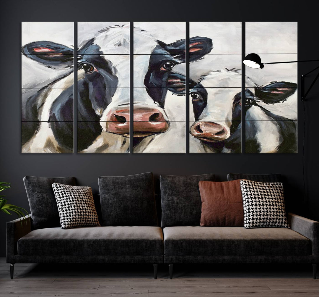 The Vintage Baby and Mom Cattle Wall Art Canvas Print is prominently displayed, adding a touch of contemporary and farmhouse decor to the modern living room.