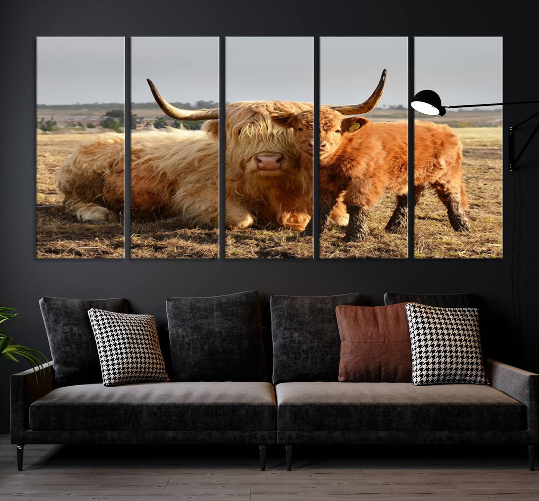 The three-panel canvas artwork, titled "Highland Cow Canvas Wall Art Animal Print for Farm House Decor," features a serene scene of a resting Highland cow and calf in a field. The piece highlights its gallery-quality finish.