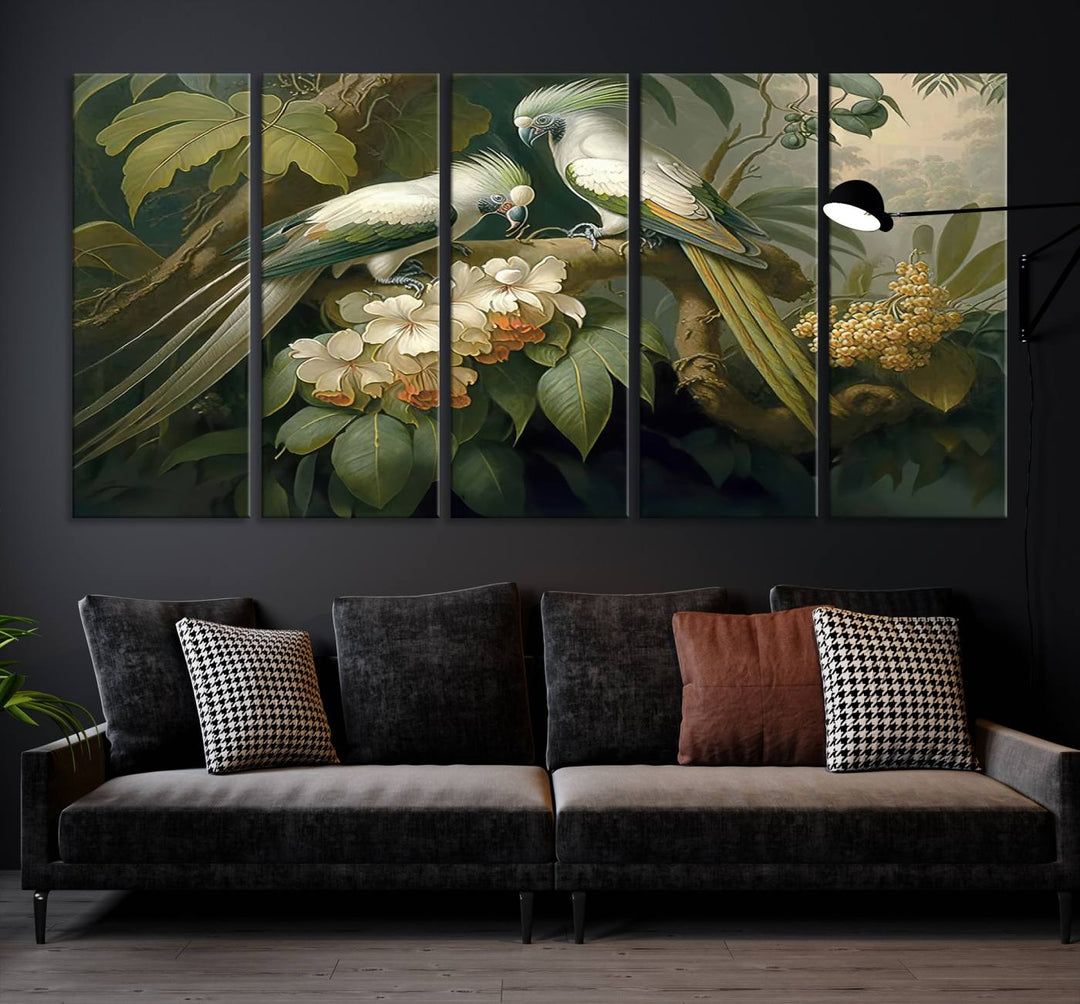 Crafted in the USA, this Tropical Paradise Print wall art features a stunning parrot amidst a lush forest and beautiful flowers.