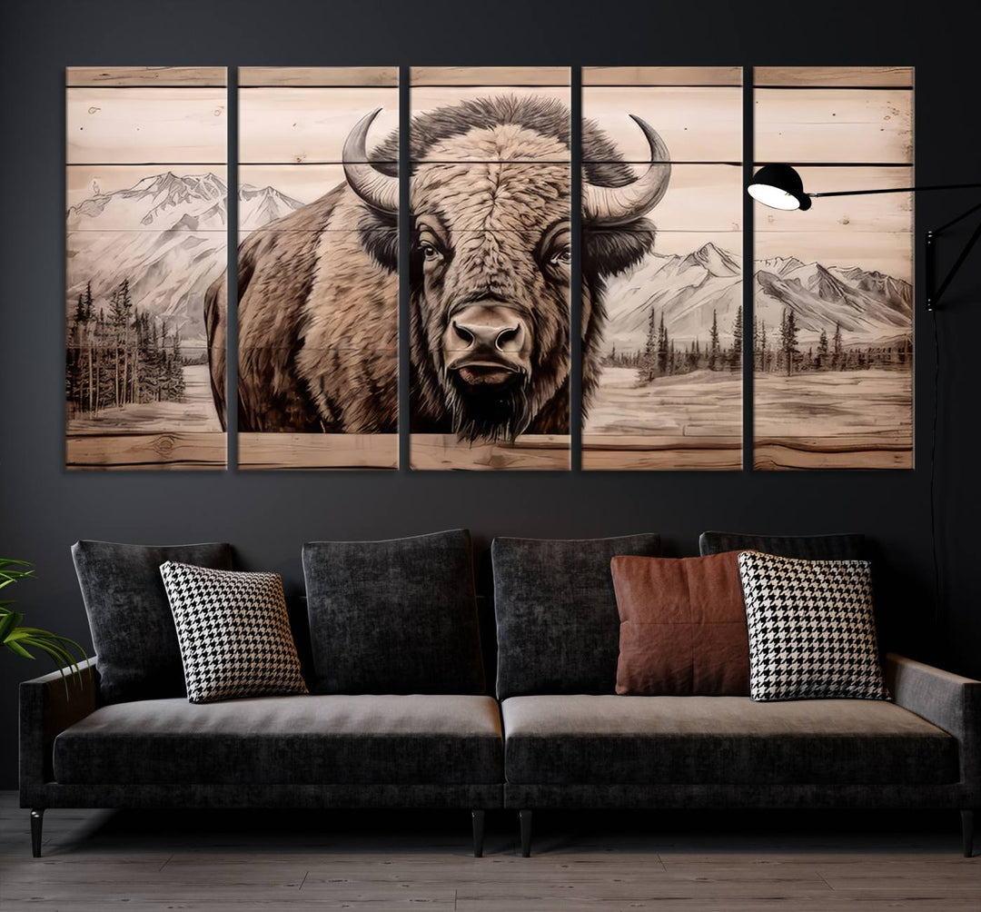 A stunning triptych artwork from the "Bison Canvas Wall Art American Buffalo Print Rustic Decor for Farmhouse Wall Art" collection graces the modern living room. Its vibrant colors are enhanced by museum-quality canvas and a UV-protective coating. The gallery-wrapped piece adds elegance to the space.