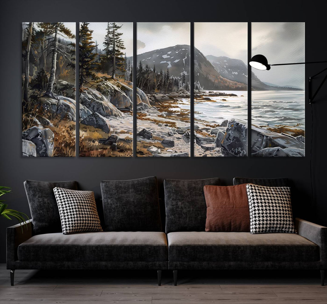 The stunning Serene Coastal View of Acadia National Park is a 3-panel wall art canvas print that beautifully captures a tranquil mountain and lake scene.