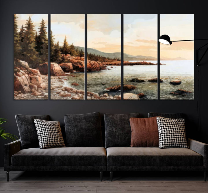 Serene Coastal View of Acadia National Park - Stunning 3-Panel Wall Art Canvas Print, Framed, Ready to Hang