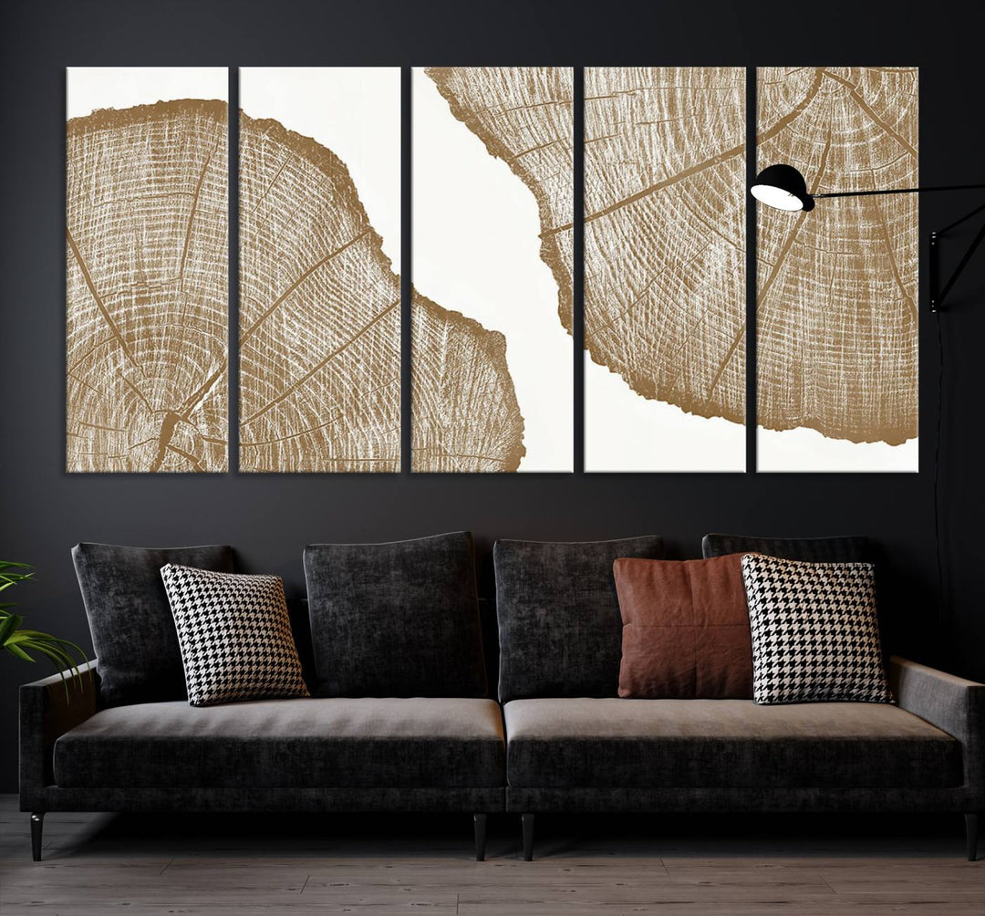 The "Rustic Brown Tree Ring Wall Art Canvas Print" in the living room adds an elegant, nature-inspired touch to the space.