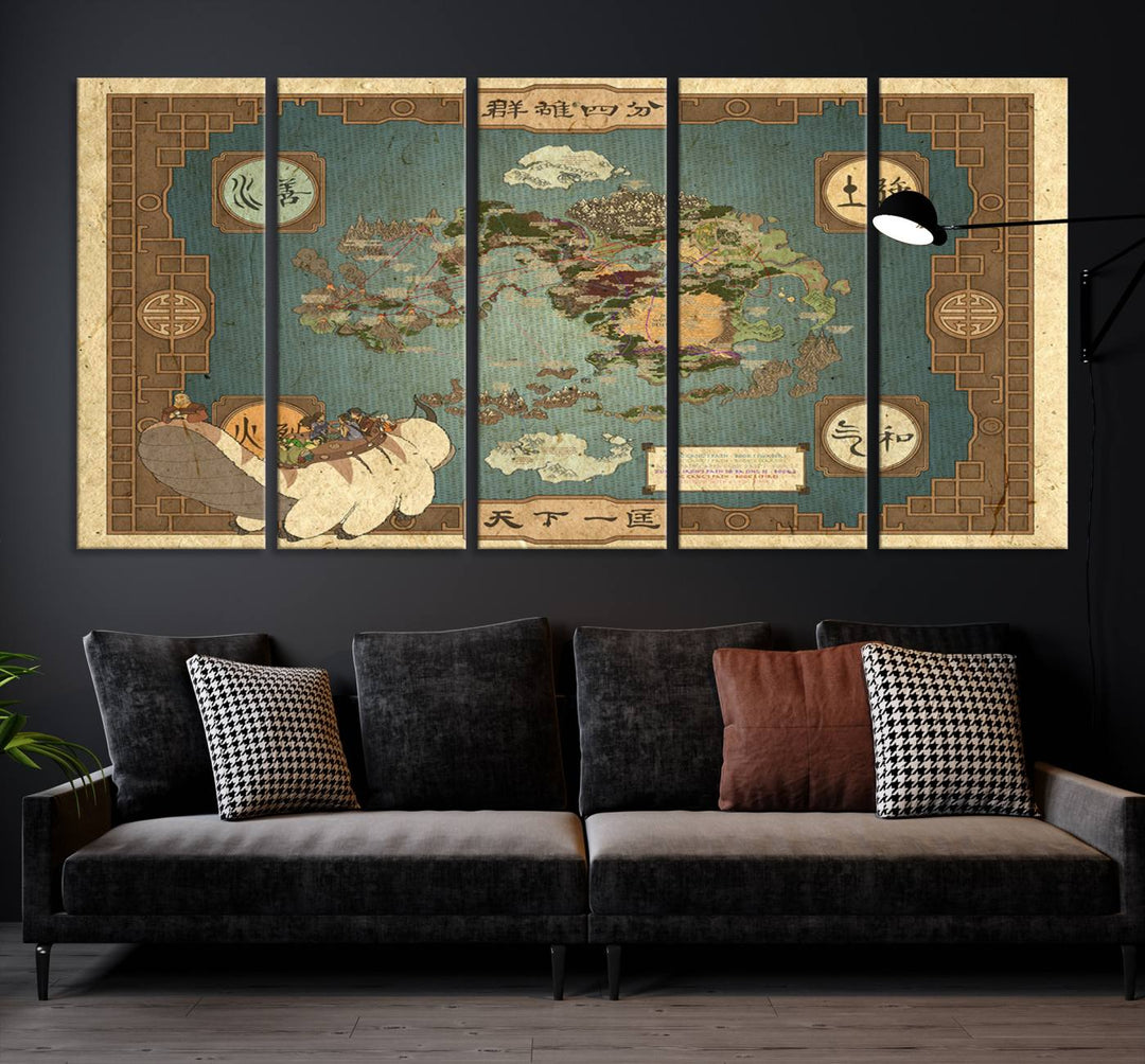 Hanging above is the Avatar: The Last Airbender Vintage Map - Wall Art Canvas Print, framed and ready to hang, showcasing an enchanting glimpse into the iconic four nations design.