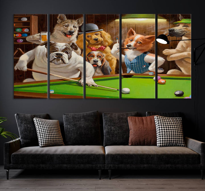 The "Dogs Playing Pool Canvas Wall Art" features a whimsical scene of dogs dressed as humans playing pool in a bar, presented as a three-panel display with a gallery-quality finish.