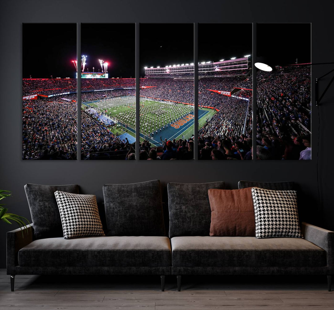 Ben Hill Griffin Stadium Night Game Triple Canvas Wall Art - Florida Gators Football Match