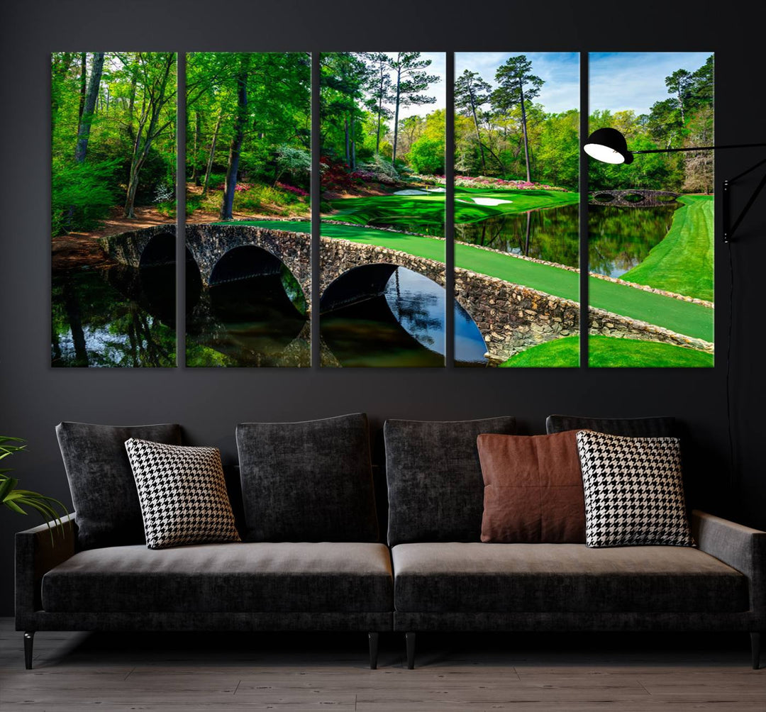 Augusta National Golf Club Wall Art - Panoramic Bridge & Lush Greenery – Premium Framed, Ready-to-Hang Triptych Canvas