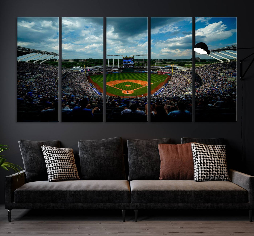 Kauffman Stadium Day Game Triple Canvas Wall Art - Kansas City Royals MLB Match