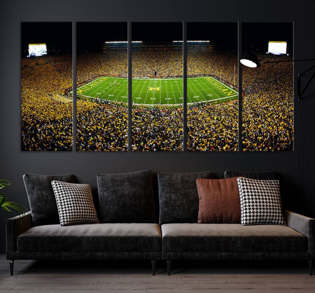 Michigan Wolverines Football Team Print - Michigan Stadium Night Game Triple Canvas Wall Art - University of Michigan Football Match