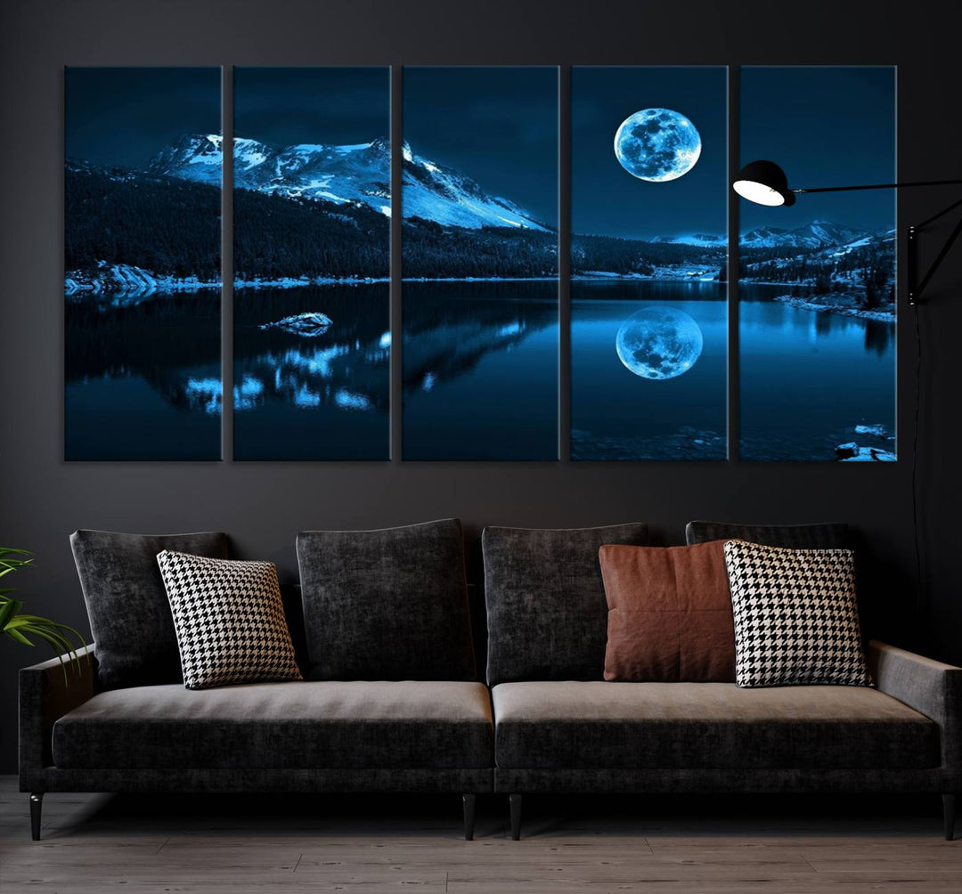 Blue Moon Mountain Lake Landscape Framed Wall Art Canvas Print