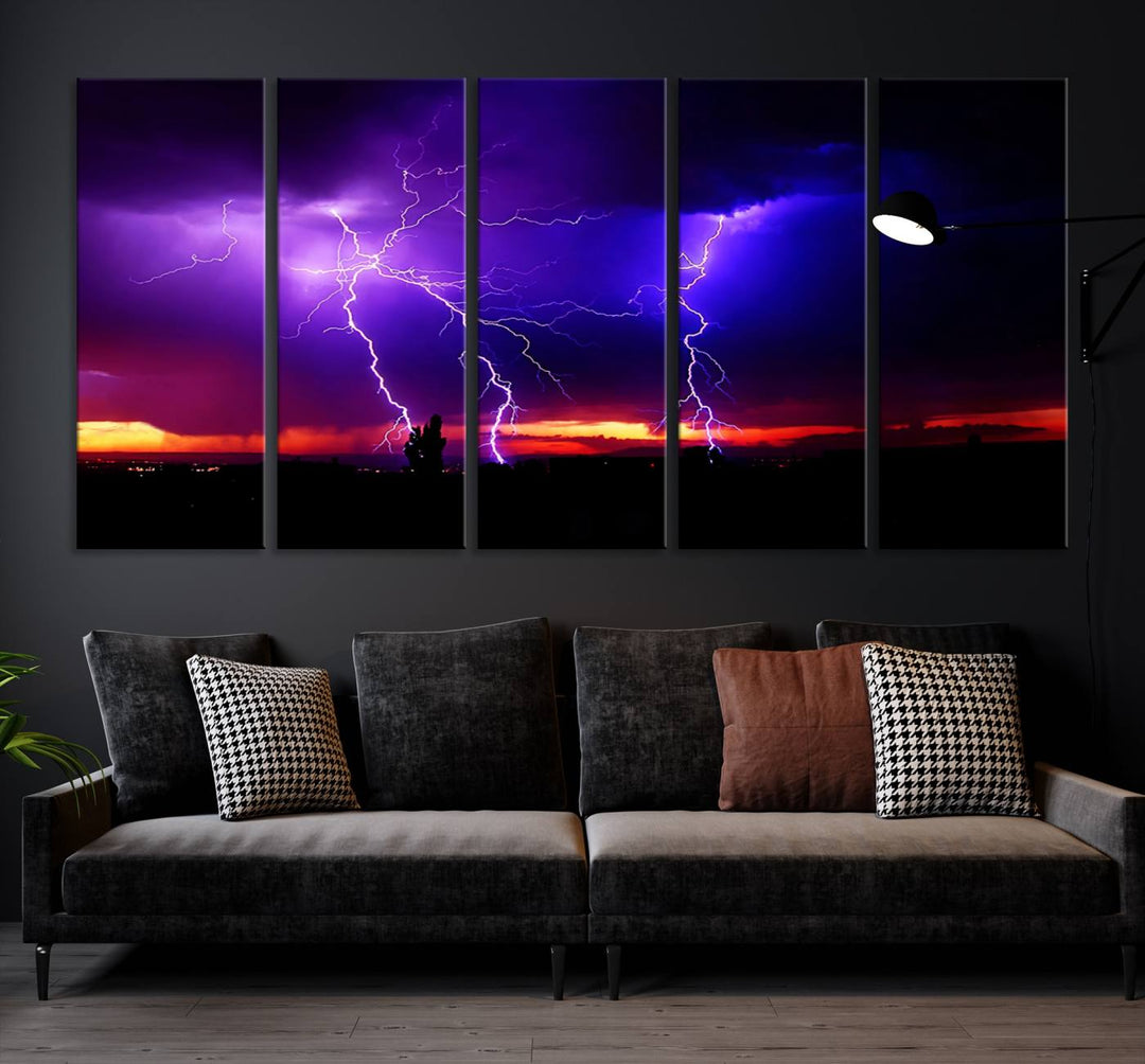 Electrifying Sunset Thunderstorm Canvas Print – Dramatic Lightning and Vibrant Sunset Wall Art