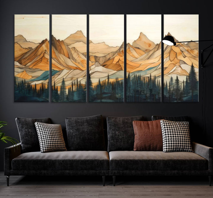 Rustic Wood Style Mountain Wall Art Print | Triptych Giclee Print Featuring Handcrafted Forest and Mountain Range Design | Framed Ready-to-Hang Print