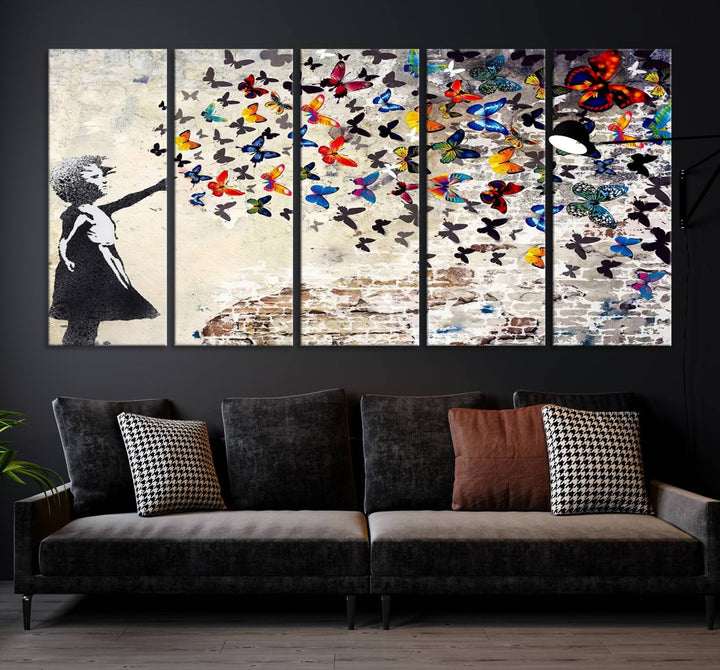 Banksy Style Girl with Butterflies Wall Art - Beautiful Framed Ready-to-Hang Triptych Canvas - Vibrant Butterfly Street Art for Modern Decor