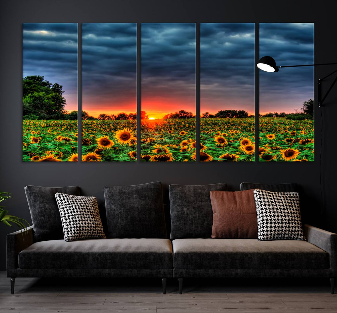 Golden Sunflower Field at Sunset – Breathtaking Sky and Vibrant Flowers, Ready to Hang Wall Art Canvas Print