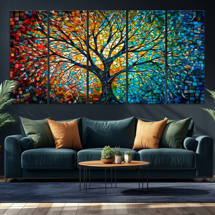 Explore the Yggdrasil Tree of Life Wall Art Print, a 3-panel canvas print made in the USA, featuring a vibrant multicolor mosaic design.