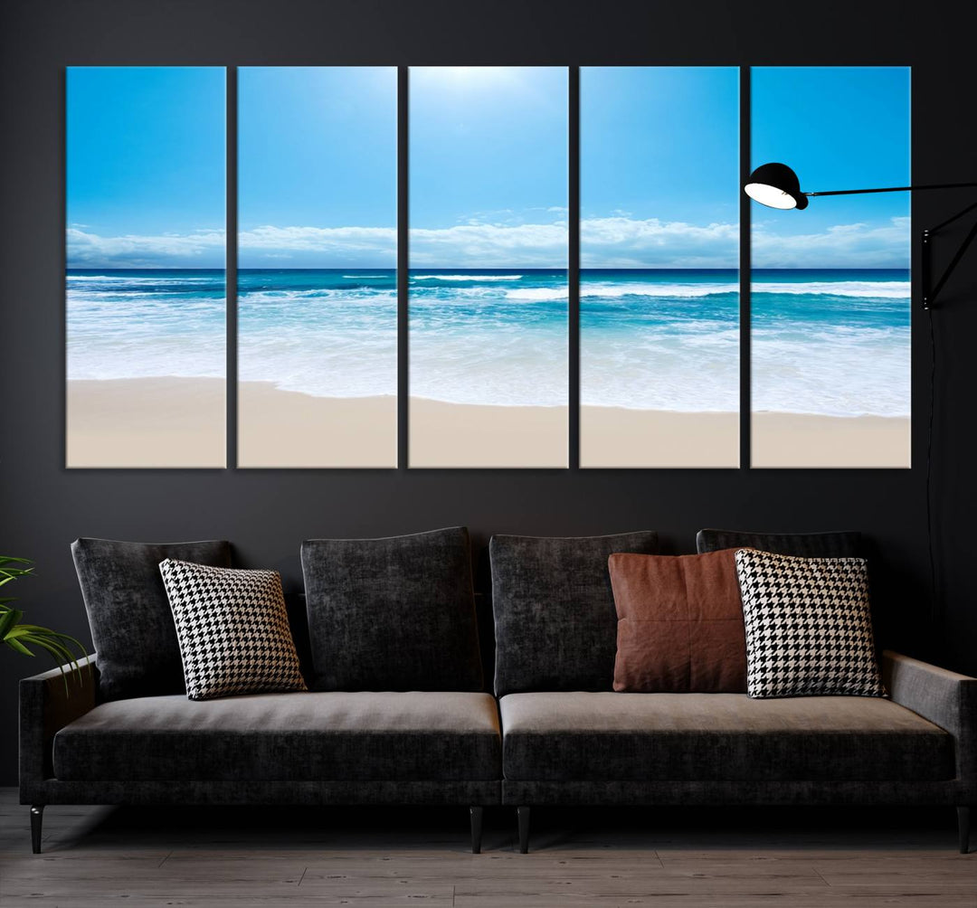 Lienzo decorativo para pared grande con estampado de mar y playa azul brillante