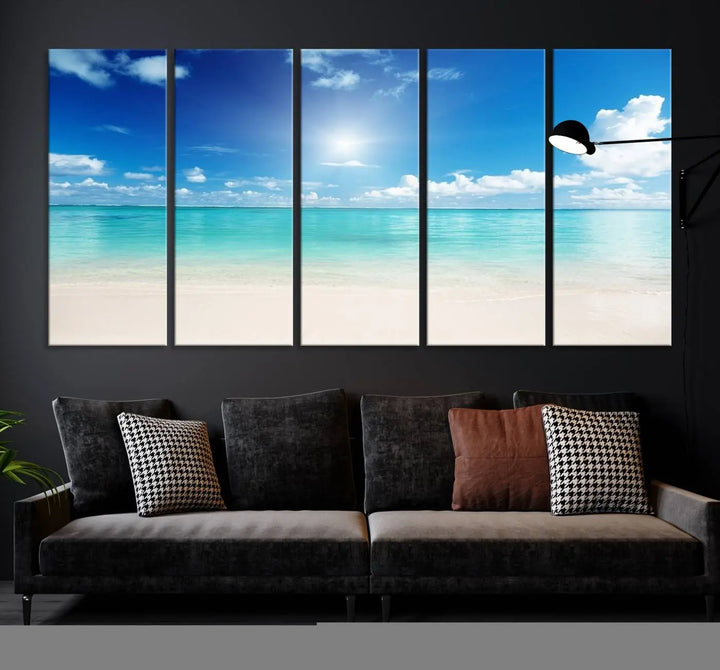 A contemporary living room showcasing the Wall Art Canvas Light Blue Beach and Ocean View.