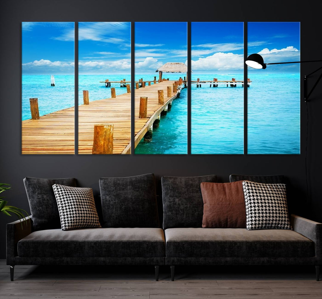 Tropical Pier Triptych Wall Art, Stunning Turquoise Ocean and Wooden Dock Canvas Print, Coastal Beach House Decor, Ocean View Canvas Art