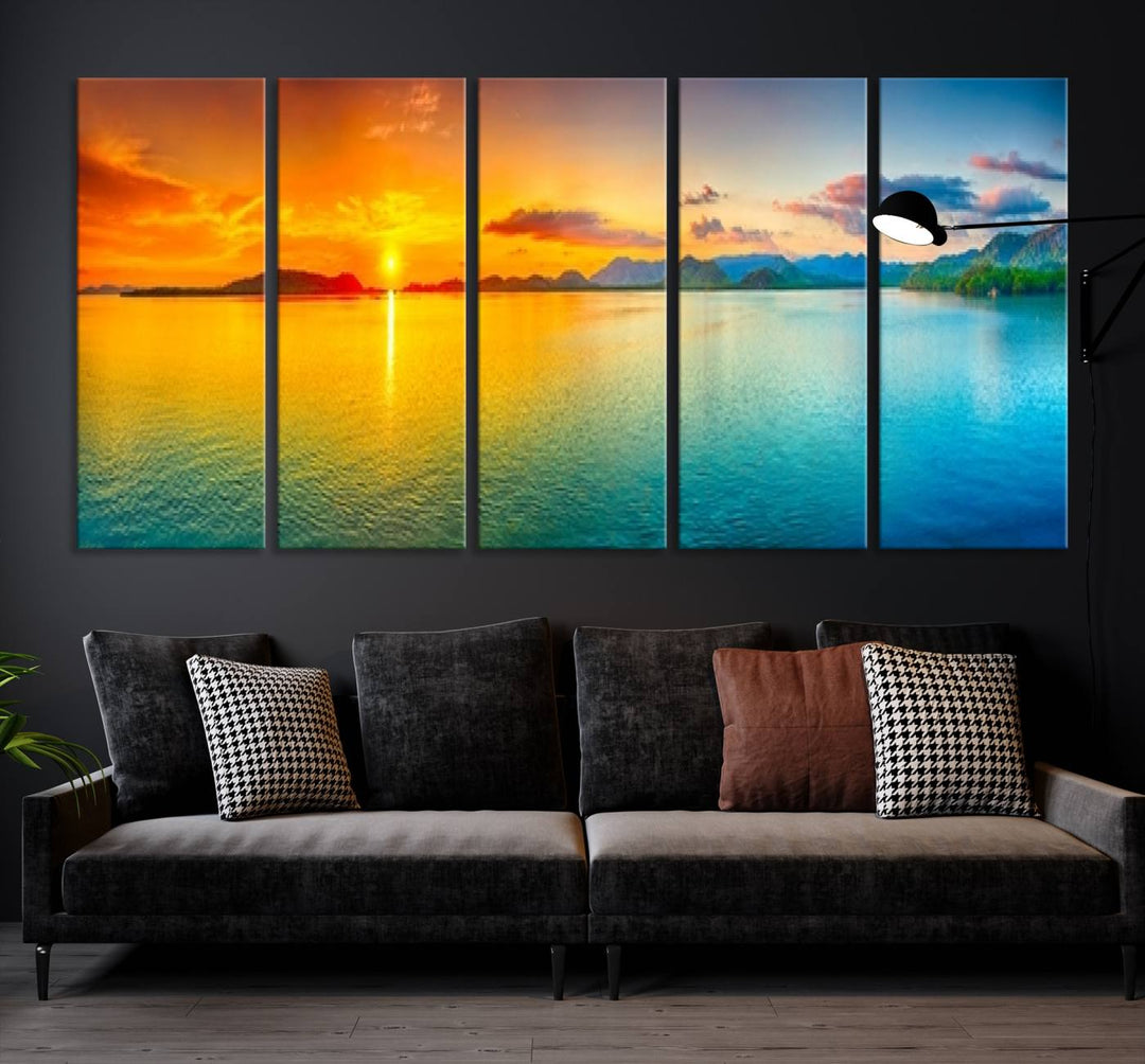 Impresión en lienzo de arte de pared grande, puesta de sol colorida, mar y montaña para decoración de sala de estar