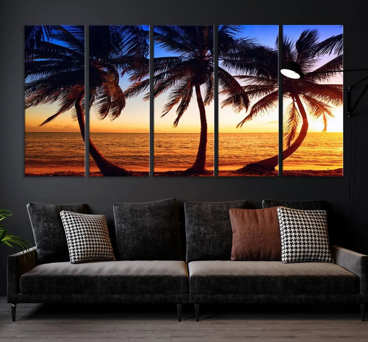 The living room features a wall adorned with the "Wall Art Canvas Curve Palms at Sunset on Beach," showcasing gallery-wrapped, museum-quality canvases in a stunning triptych.