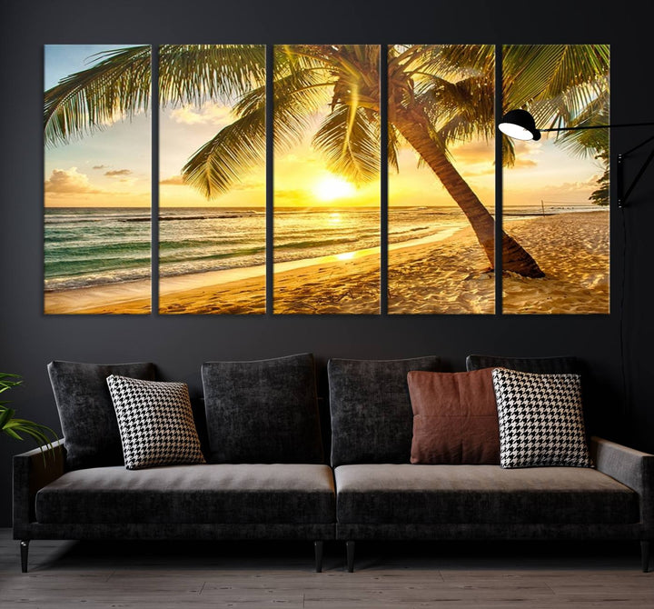 Impresión en lienzo de arte de pared grande Palmera en la playa al atardecer brillante