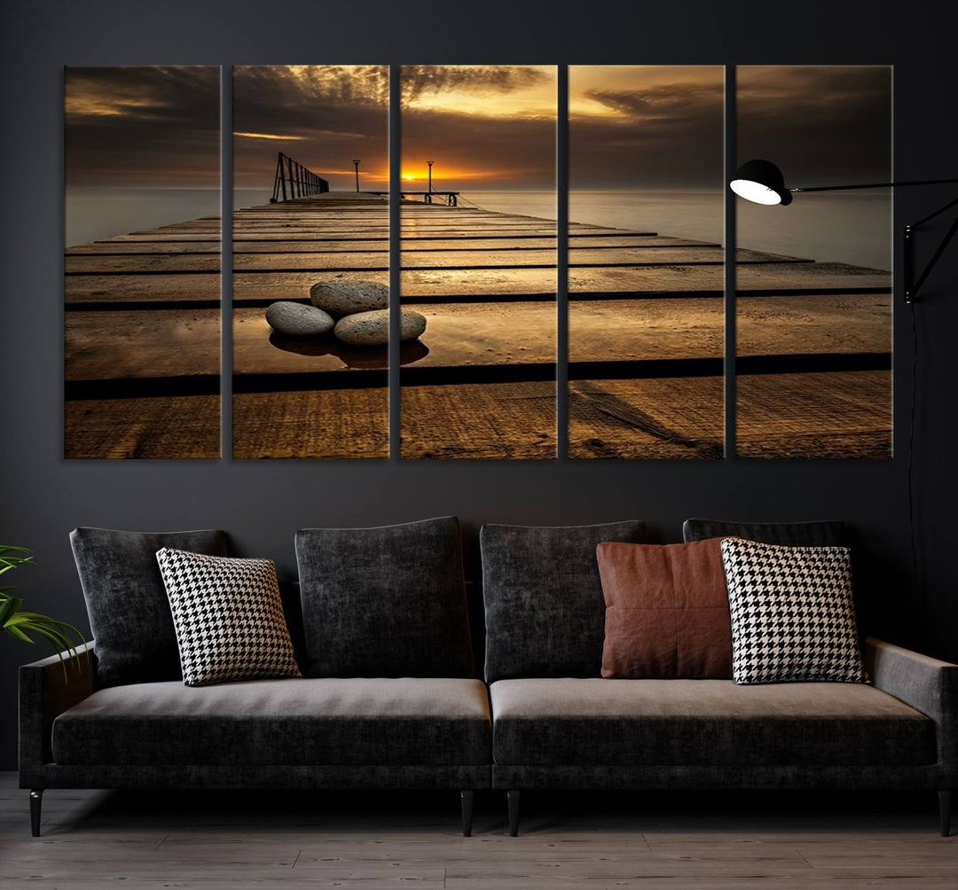 Stones on Wooden Pier at Sunset Wall Art Canvas