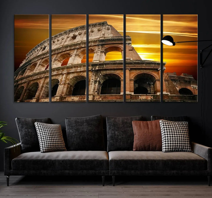 A three-panel canvas titled "Colosseum with Yellow Sunset Behind, Italy," protected with a UV-coating, is elegantly displayed.