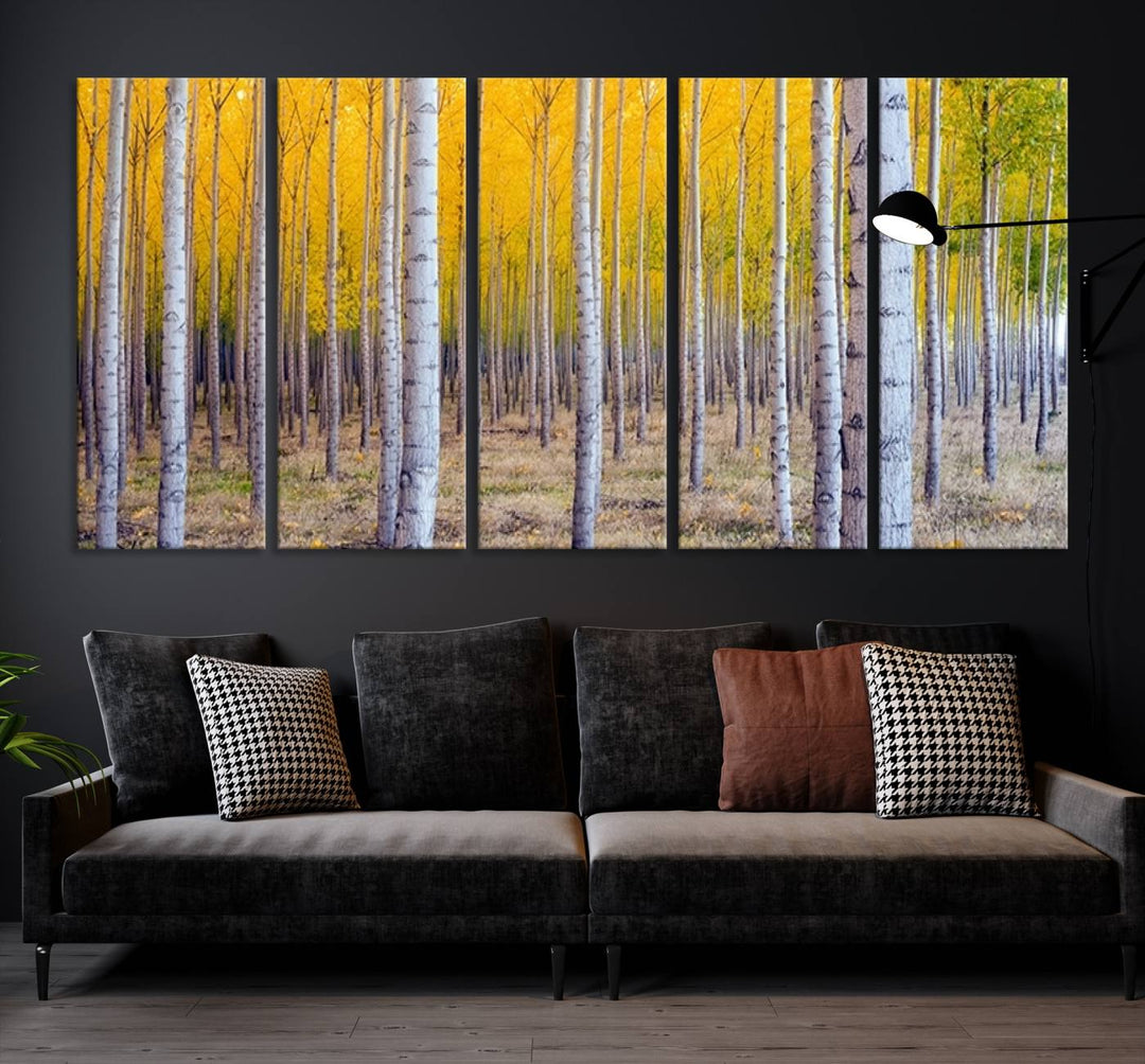 Impresión artística de pared con bosque de abedules en otoño