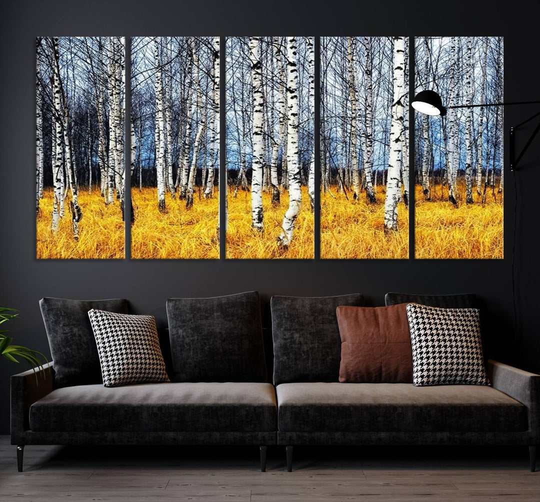 Impression d’art mural de bouleaux, art mural paysage, impression sur toile, arbres sans feuilles sur fond jaune