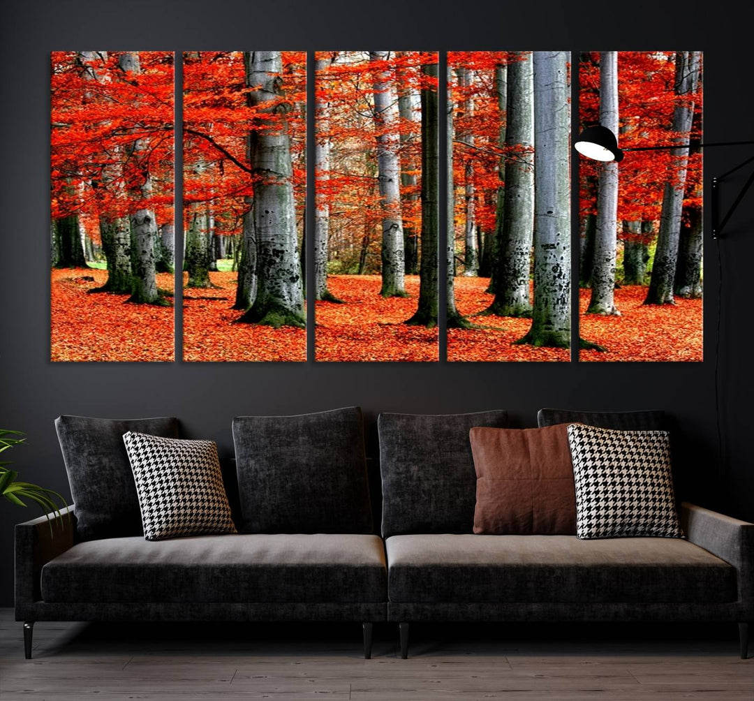 Impression sur toile de paysage d'art mural, feuilles rouges sur des arbres sur fond rouge