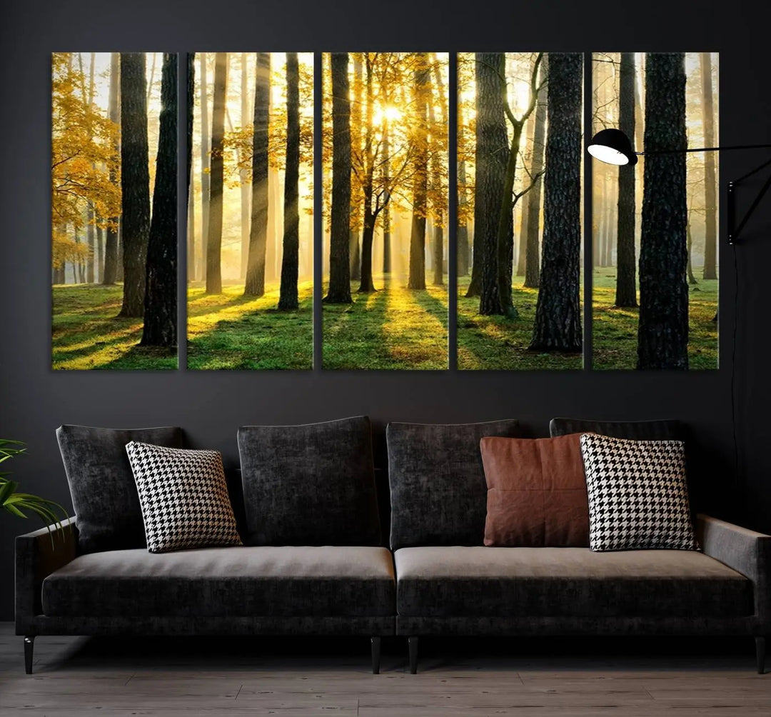 The living room is enhanced by the "Wall Art Landscape Canvas Print Tall Trees in Forest at Sunset" on museum-quality canvas. This triptych, complete with a UV-protective coating, is ready to hang and adds an artistic touch to the space.