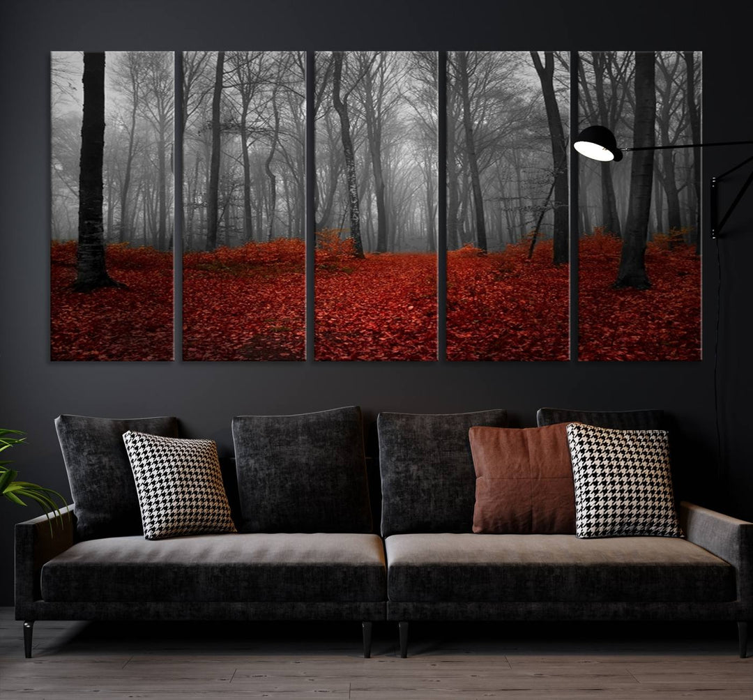 Impression sur toile de paysage d'art mural, forêt merveilleuse avec des feuilles rouges au sol