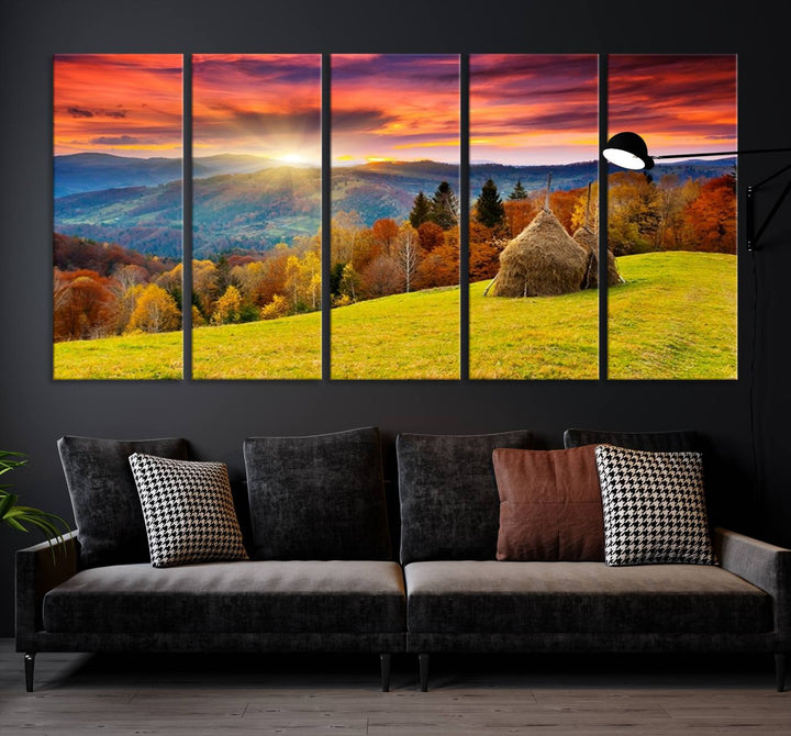 Impression sur toile de paysage d'art mural, tous les tons de vert au coucher du soleil