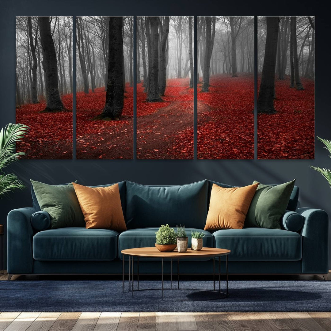 Wonderful Forest artwork: Triptych with red leaves, ideal for nature lovers.