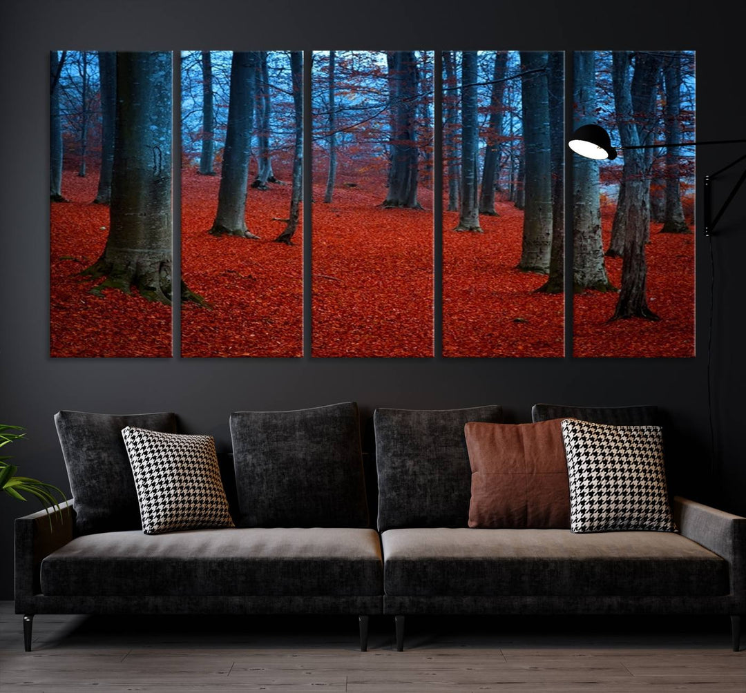 Impression sur toile de paysage d'art mural, feuilles rouges dans la forêt bleue