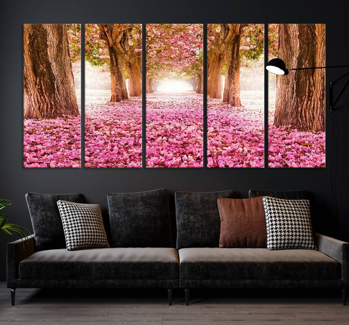 Blossom Cherry Canvas Print Walking on Pink Flowers Between Trees