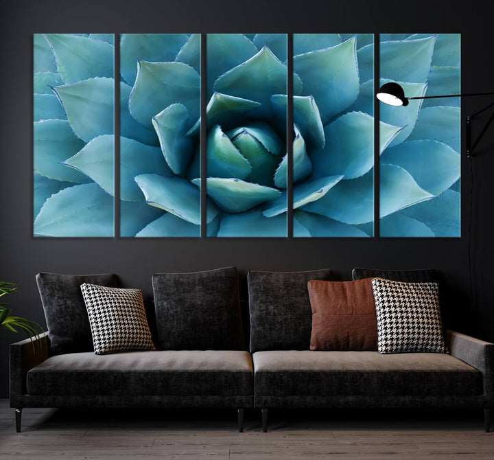 A stunning Large Agave Succulent Canvas Wall Art, a botanical close-up print perfect for modern living rooms, hangs prominently.