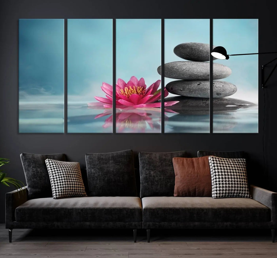 The Zen Serenity Triptych Canvas Art, featuring a lotus flower and balancing stones, perfectly captures tranquility with its serene water lily print.