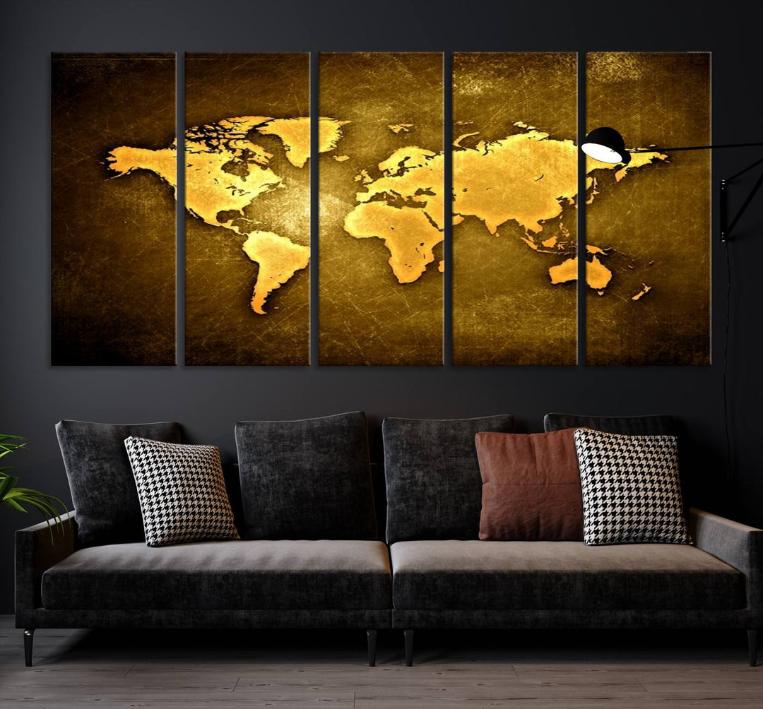 Yellow World Map on Metalic Yellow Background 