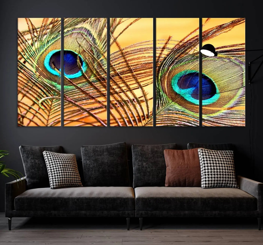 The Peacock Feather Wall Art Print, showcasing a vibrant green, blue, and orange feather design and ready to hang, adorns the space.