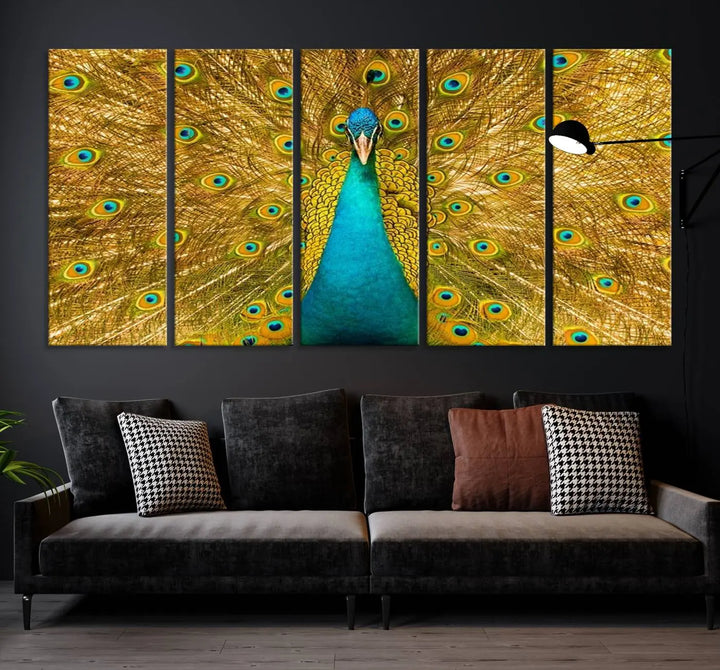 The Peacock Wall Art Canvas Print, featuring a vibrant triptych design of a peacock with intricate feather details and printed on museum-quality canvas with UV-protective coating, brings an artistic flair to the elegant space. Ready to hang, it enhances the modern living room with its striking presence.