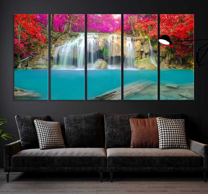 Wall Art Waterfall Landscape with Pink and Red Flowers in Forest Canvas Print