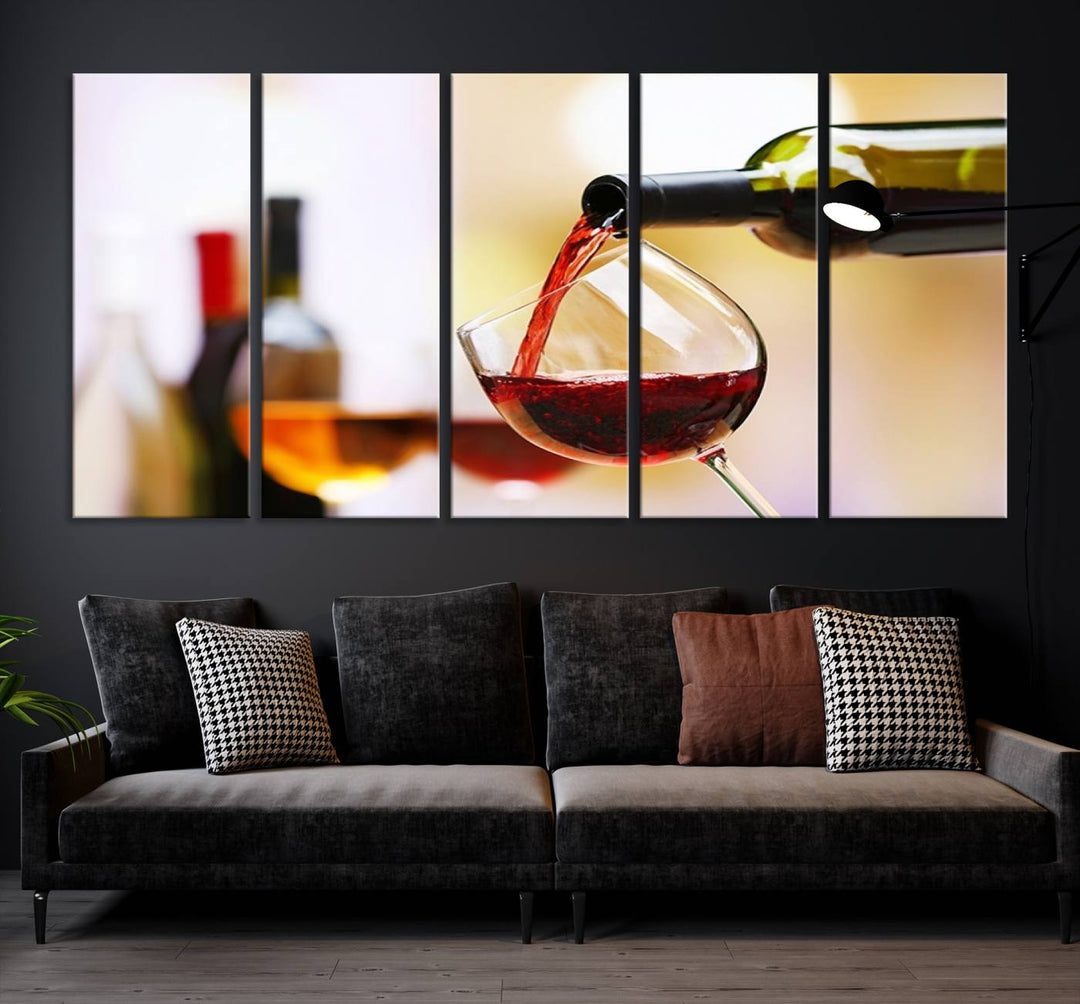 The Filling Red Wine into Glass Red Wine Canvas Print showcases a wine bottle pouring red wine into a glass. This scene, captured on museum-quality canvas, promises timeless elegance and comes with free shipping for effortless delivery to your doorstep.