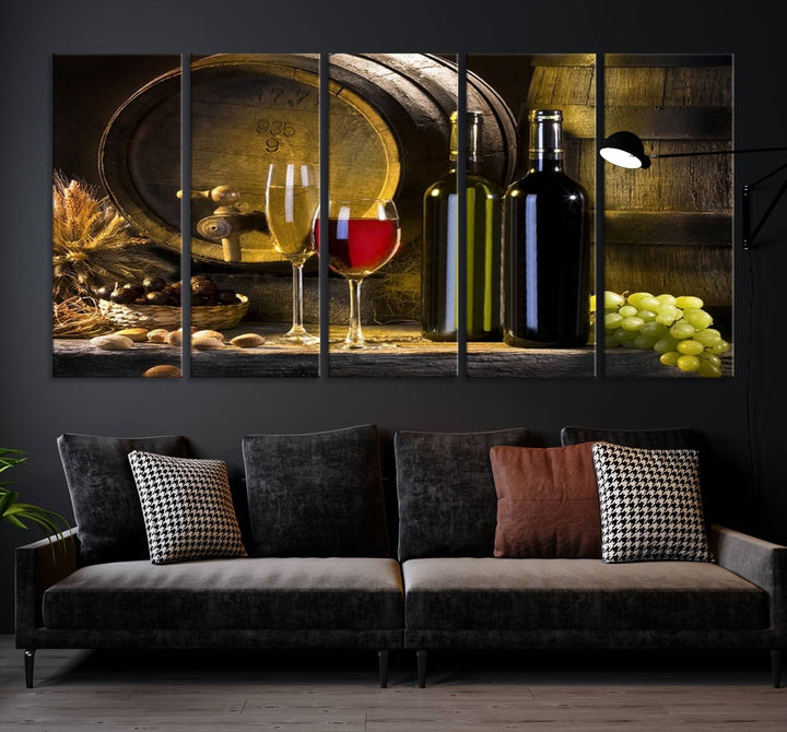 Explore the "Wall Art Red and White Wine with Bottles and Tun Canvas Print," a triptych on gallery-wrapped, museum-quality canvas. Featuring a wine barrel, bottles, and a glass of red wine, it includes a UV-protective coating for lasting vibrancy.